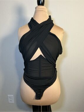 Black Crisscross Halter Bodysuit